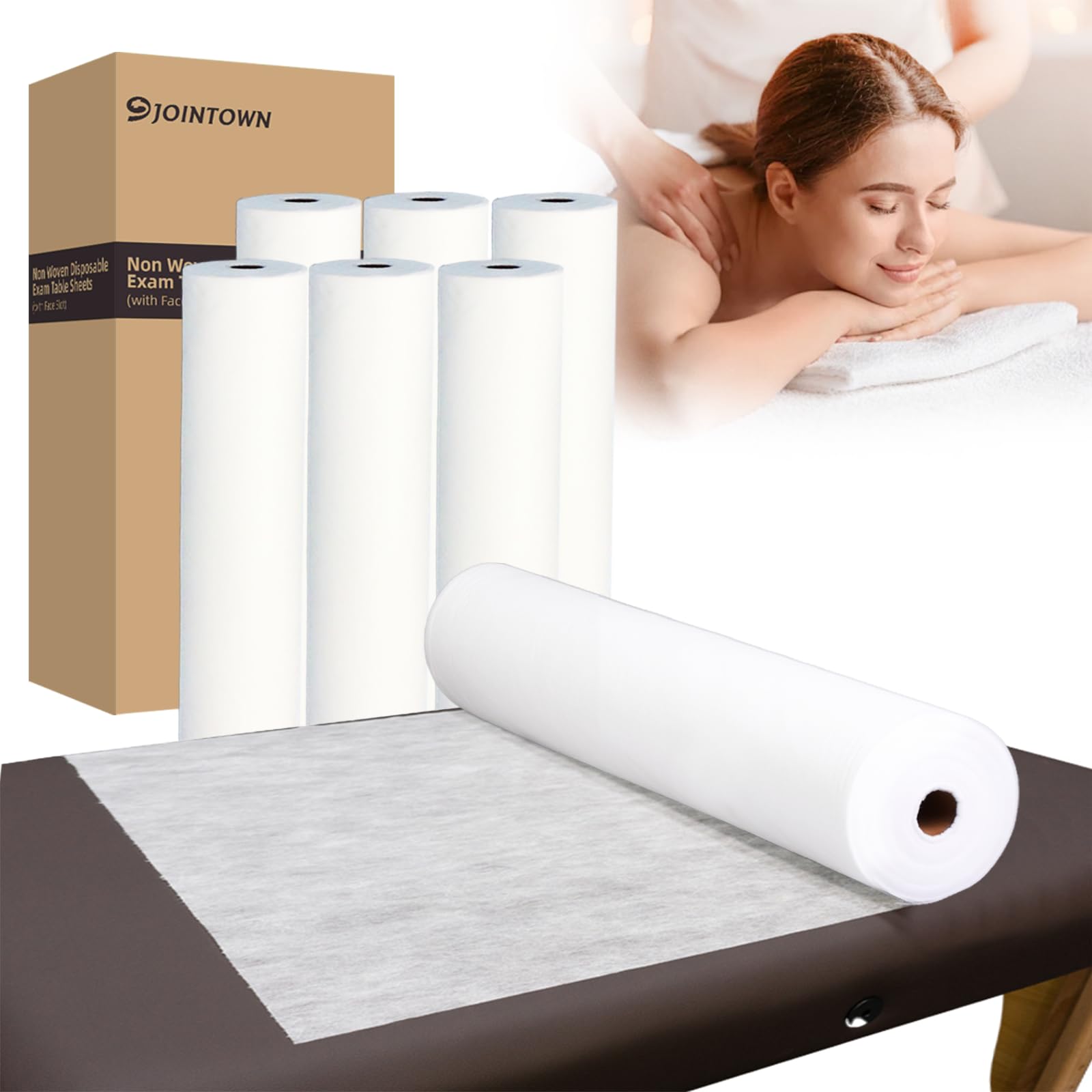 Photo 1 of ***FACTORY SEALED***Jointown Disposable Massage Table Sheets-71" x 31.5" x 50 Sheets/Roll-30 g/?-6 Roll Non woven Bed Sheets with Face Hole -Soft and Durable Table Cove Ideal for Spa, Massage Table, Tattoo, Waxing Table