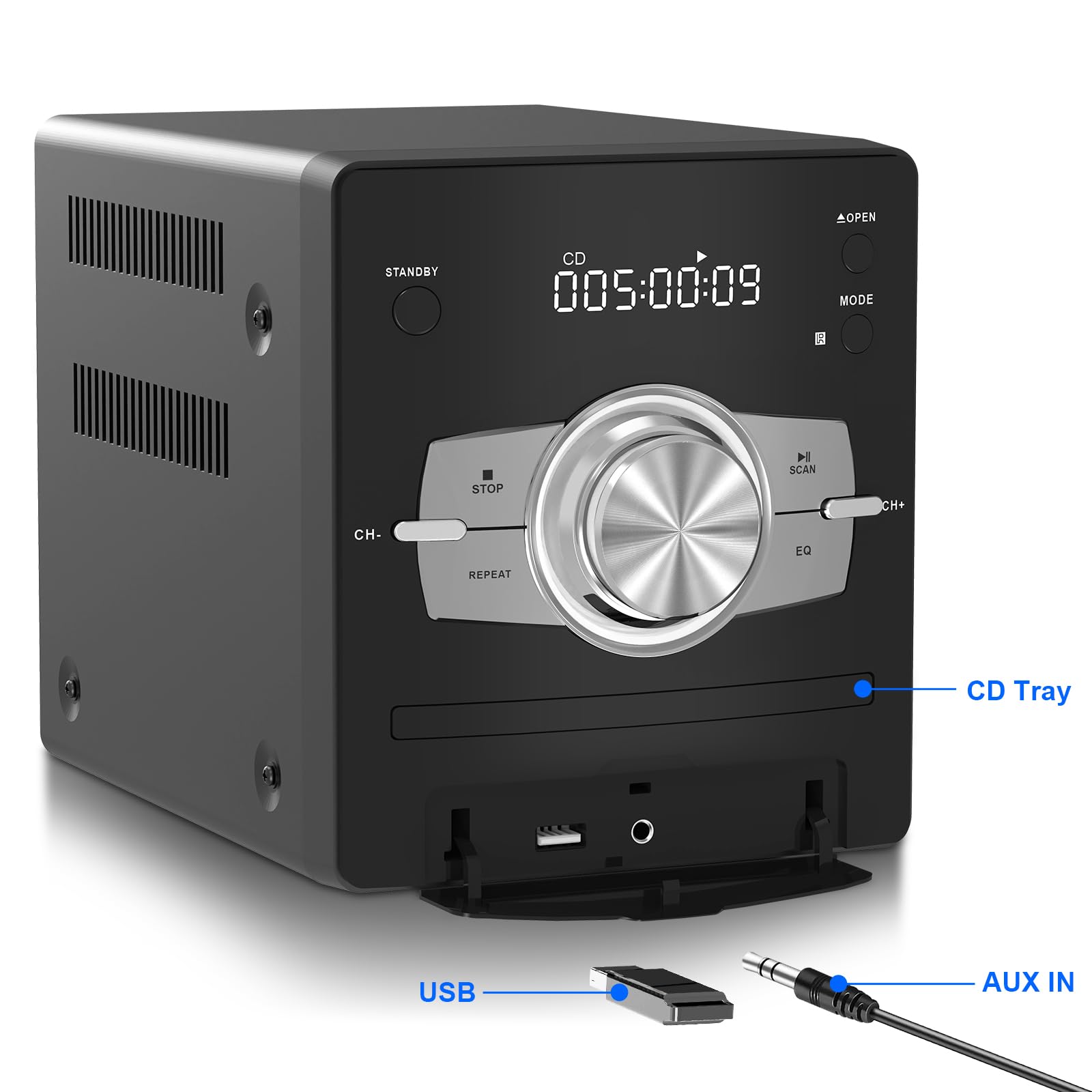 Home Stereo System with CD Player, FM Radio, Bluetooth, AUX in, USB in, Earphone Jack, Remote Control Included, 30W HiFi Shelf Stereo System