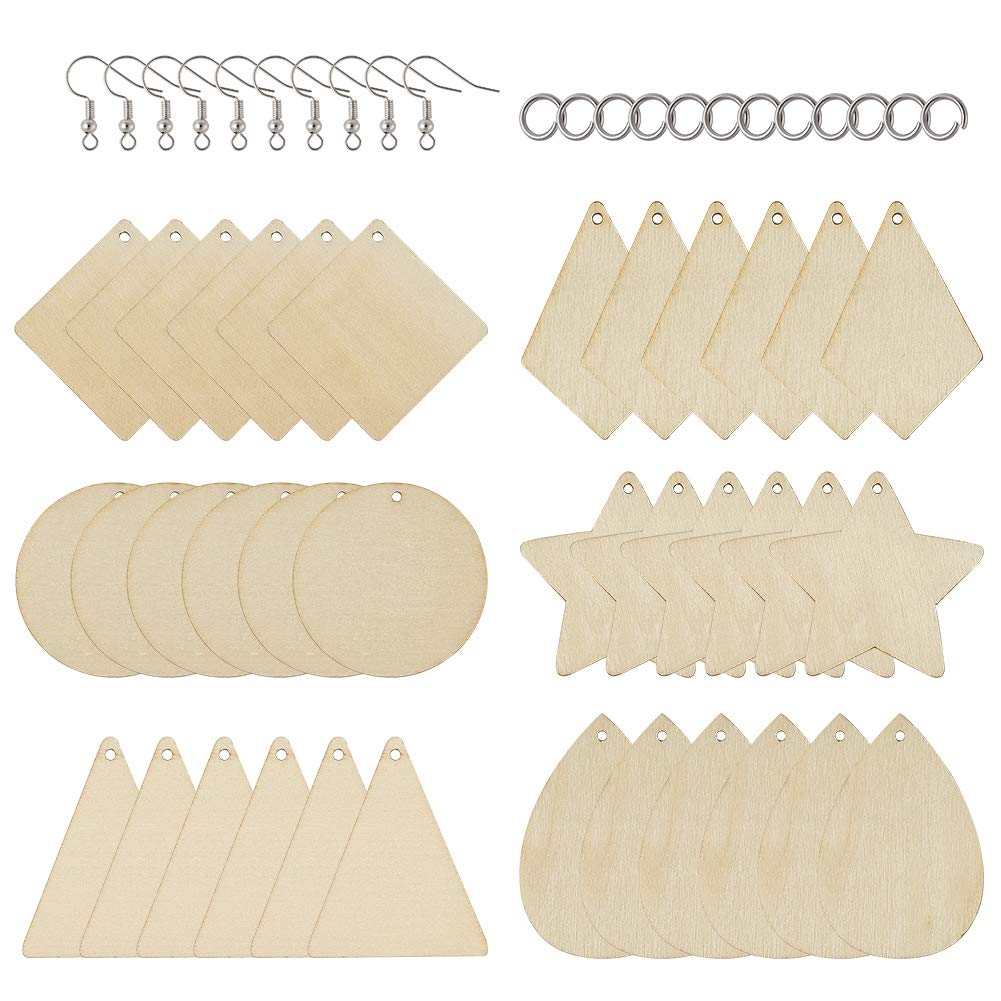 PandaHall 60pcs Unfinished Wooden Earring Pendant 6 Styles Geometric Blank Wood Cutout with Jump Rings & Earring Hooks for Jewelry Crafts Making