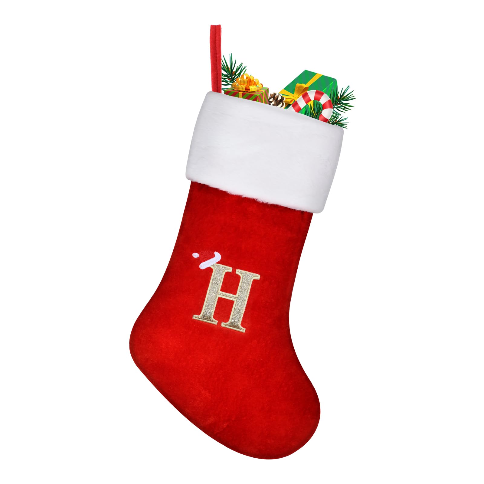 TOPWAYS Christmas Stockings, Large Monogram Xmas Personalized Embroidered Stockings with Letters, Red Fireplace Hanging Santa Socks for Christmas Decor Xmas Gift (H)