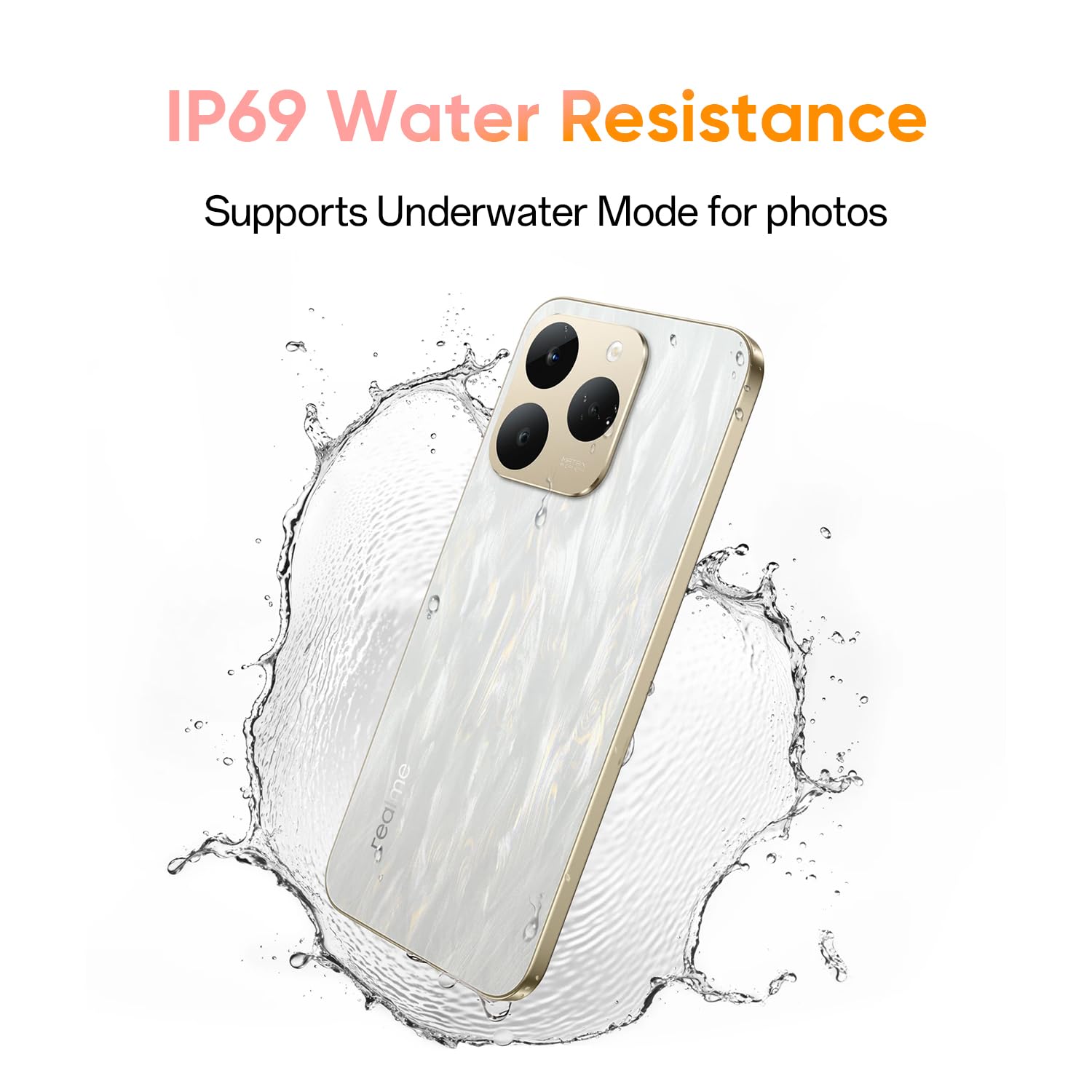 realme 15T 5G smartphone being splashed with water, illustrating its IP69 water resistance.