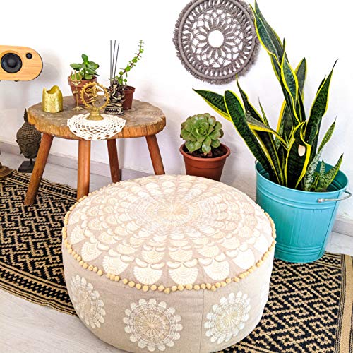 Mandala Life ART Bohemian Yoga Decor Pouf Ottoman - 24x8 inches - Stuffed with Premium Filler - Round Beige Meditation Pillow - Embroidery Organic Cotton Floor Cushion - Thumbnail 3