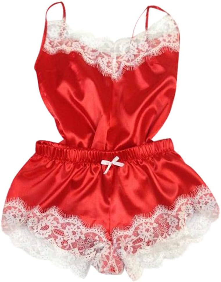 Women's Satin Pajama Cami Set Silky Lace Nightwear 2 Piece Lingerie Short Sleepwear