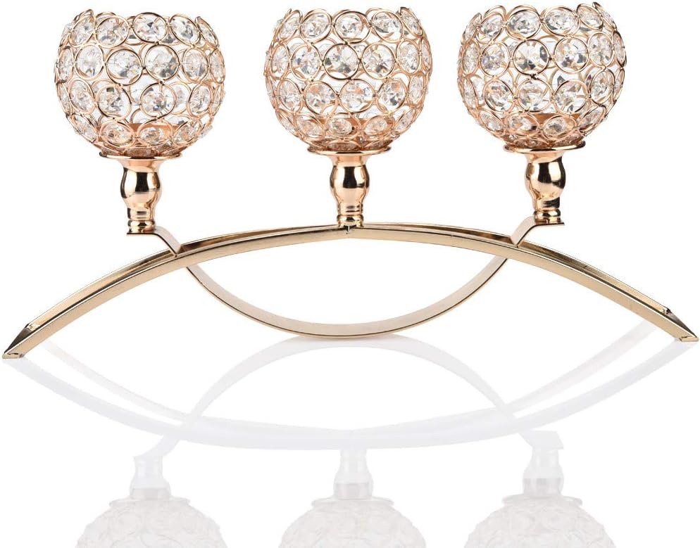 Chenway Creative Three Crystal Pillar Candle Holder,Hollow-Carved Design Candlestick - Functional Table Decorations- Centerpieces for Dining/Living Room[Ship from USA Directly] (Gold)