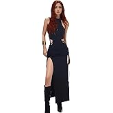Mingnos Sexy Black Goth Dress for Women, Sleeveless Cutout Side Crisscross High Slit Dresses Cosplay Festival Rave Outfits