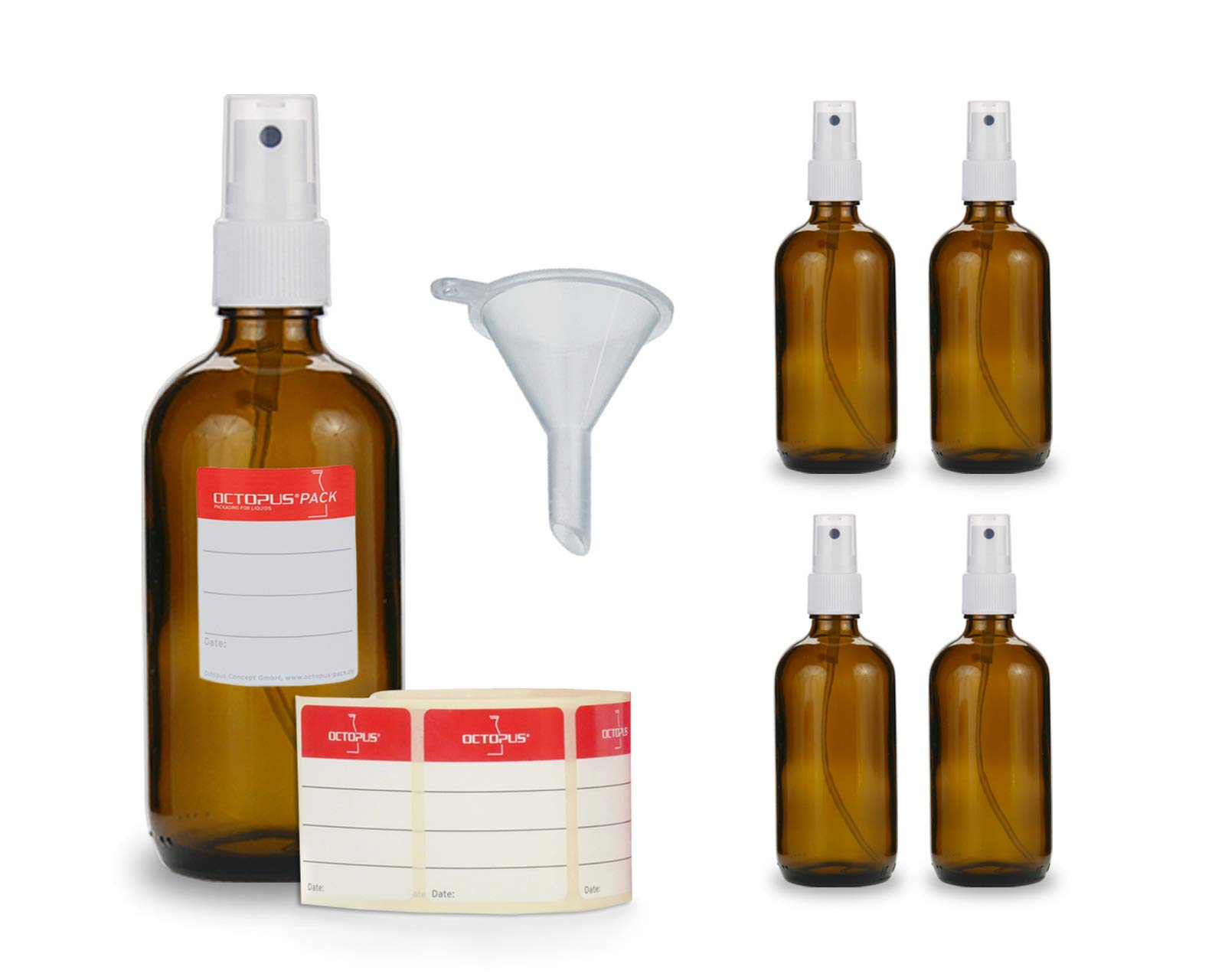 5 x 100 ml Brown Glass Bottles with Finger Atomizer, Mini Funnel + marking labels, Spray bottles with UV light protection, Atomizer bottles with Pump sprayers, e.g. for colloidal silver or perfume