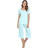 WiWi Pajamas for Women Super Soft Pajama Sets Cooling Short Sleeve Top Capri Pants Viscose from Bamboo Sleepwear Pjs S-4X