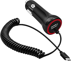 Micro USB Car Charger, Rapid Dual Car Charger Adapter 24W/4.8A with Coiled USB Cable+ Built-in Fuse+ Smart Technology (Black)