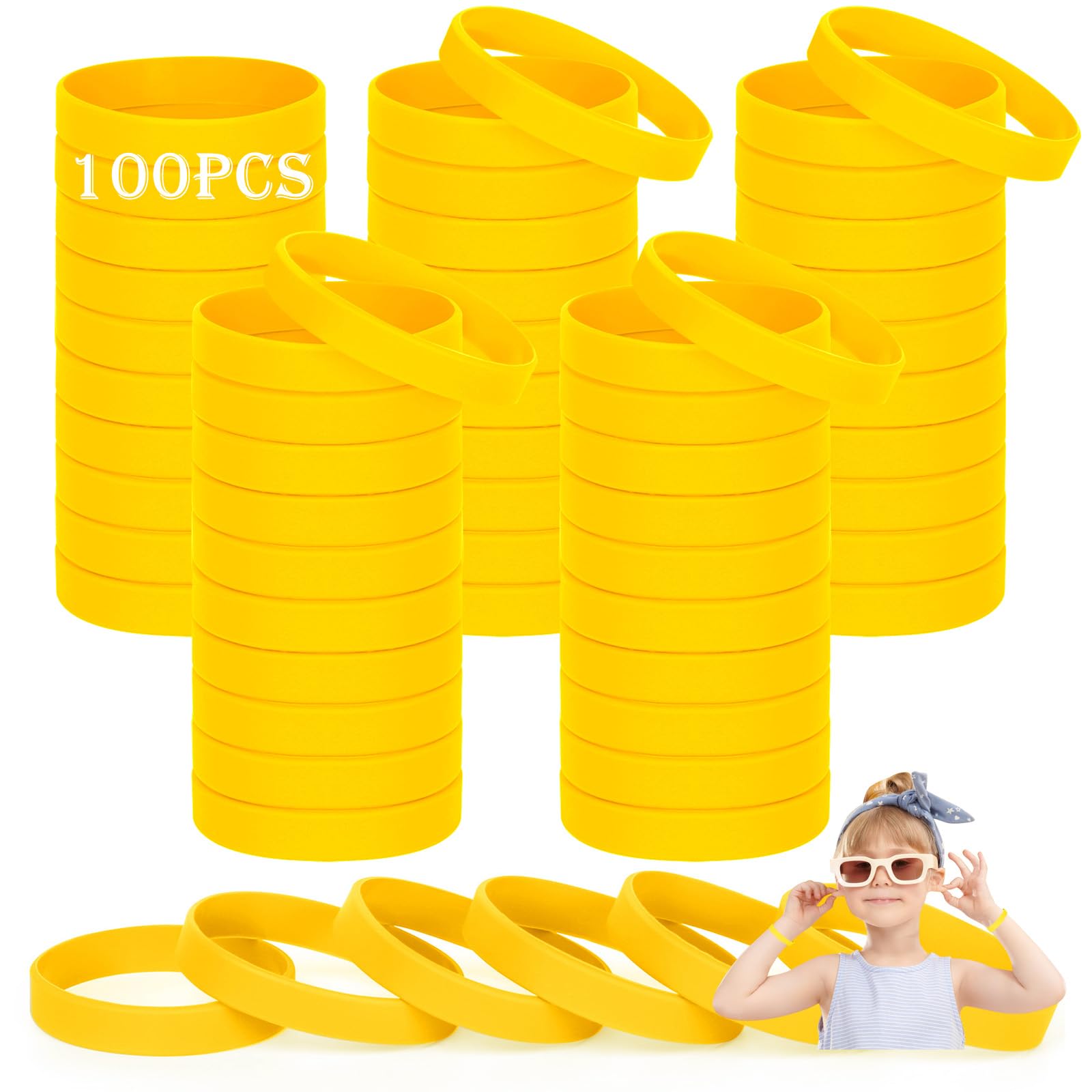 HONTIUS Kids silicone wristbands, 100PCS kids Yellow Rubber Wristbands Blank Wrist Bands Universal Wristband Set for Kids Child Children Kindergarden Team Sport（Suitable for 3-7aged）