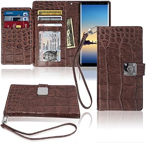 Note8 Wallet Case, Matt [ 8 Pockets ] 7 ID / Credit Card 1 Cash Slot, Power Magnetic Clip With Wrist Strap For Samsung Galaxy Note 8 Leather Cover Flip Diary (Brown)