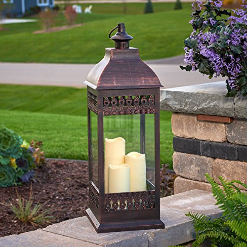Triple Pillar LED Candle Lantern Antique Bronze Glass Metal Outdoor