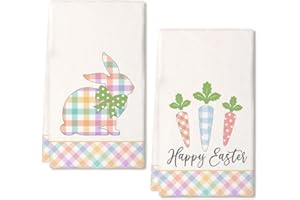 ARKENY Easter Kitchen Towels Set of 2,Colorful Bunny Carrots Dish Towels 18x26 Inch Drying Dishcloth,Farmhouse Home Seasonal Spring Decorations AD224