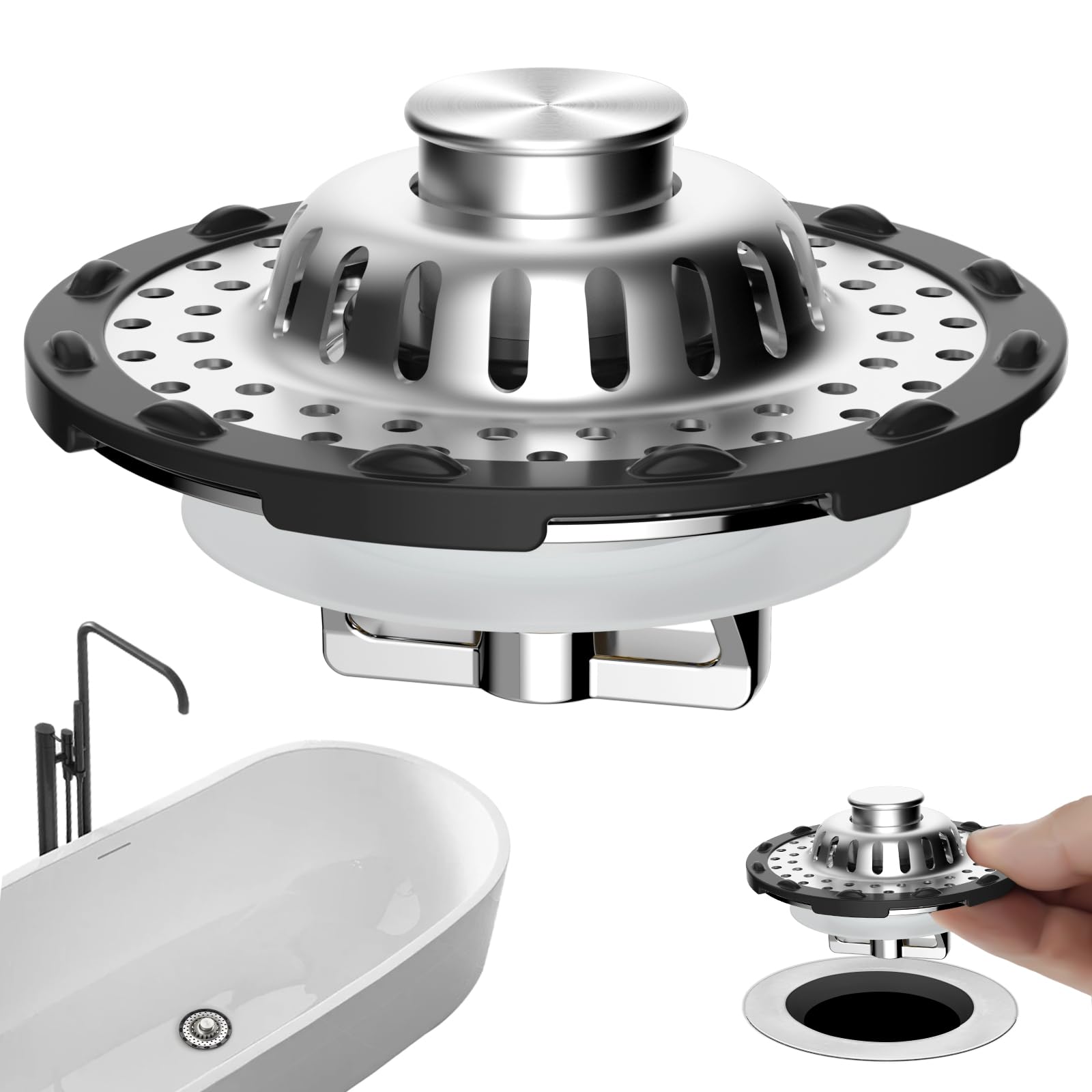 Photo 1 of Universal Bathtub Drain Stopper Shower Drain Hair Catcher, Tub Stopper with Visible Top Strainer, Upgraded 3 in 1 Pop-up Drain Plug Fit for 1.5 to 2.4" Hole, Stainless Steel Filter Basket, Chrome