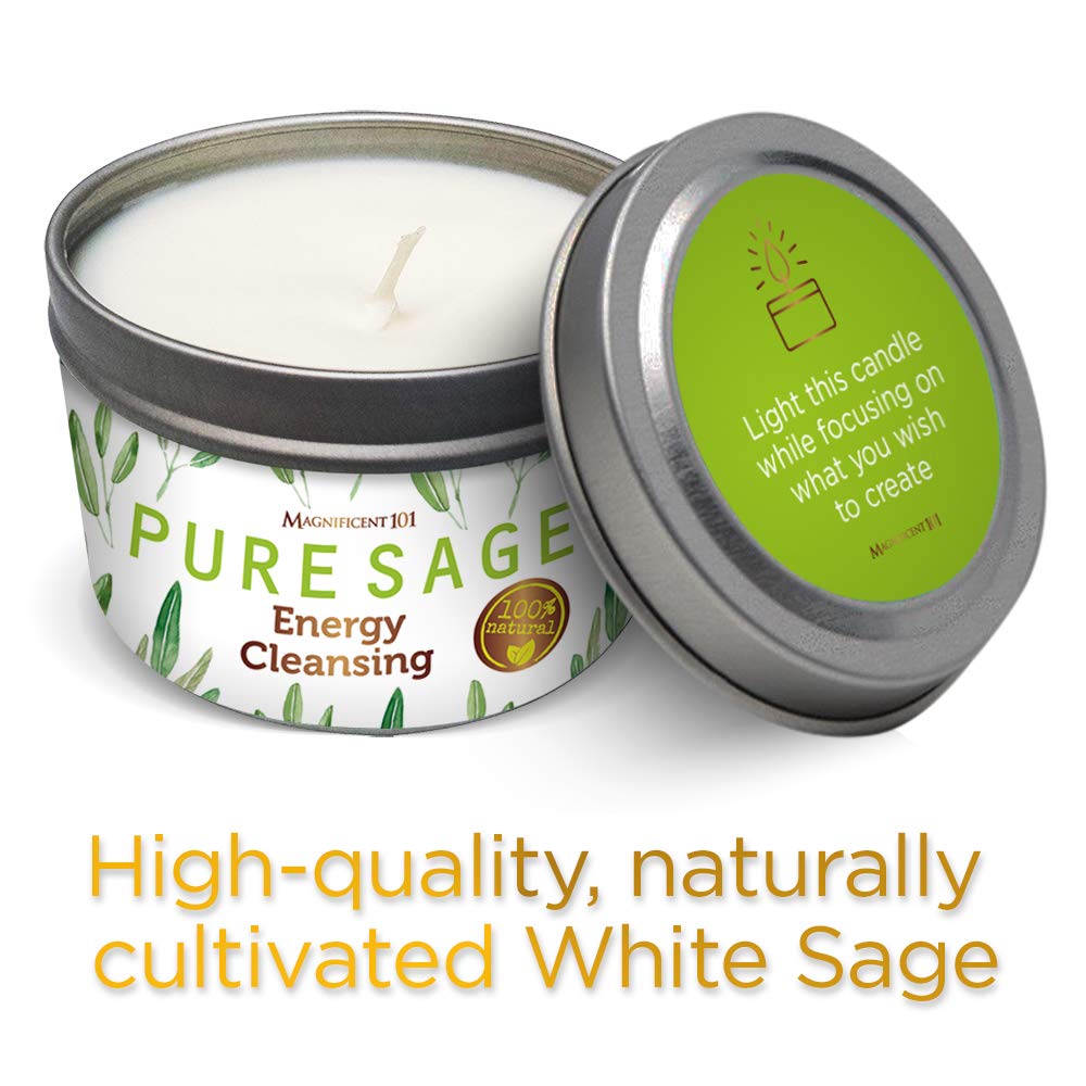 MAGNIFICENT101 Pure White Sage Smudge Candle for House Energy Cleansing, Banishes Negative Energy I Purification and Chakra Healing - Natural Soy Wax Tin Candle (Pure White Sage, 6 oz): Home Improvement