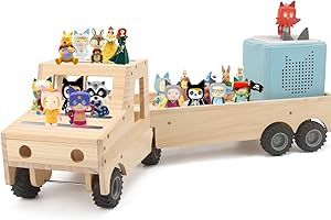 Taladad Storage & Play Car for Toniebox 2/1 and Tonie Figures Storage Shelf (Wooden Trailer), Magnetic Shelves Compatible with Tonie Box Player Character for Children Room (Natural, Wooden Trailer)