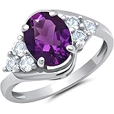 MAX + STONE Gemstone Oval Sunburst Halo Ring for Women in 10k White or Yellow Gold with Created White Sapphire and Birthstone Anniversary Ring Size 5 to 9