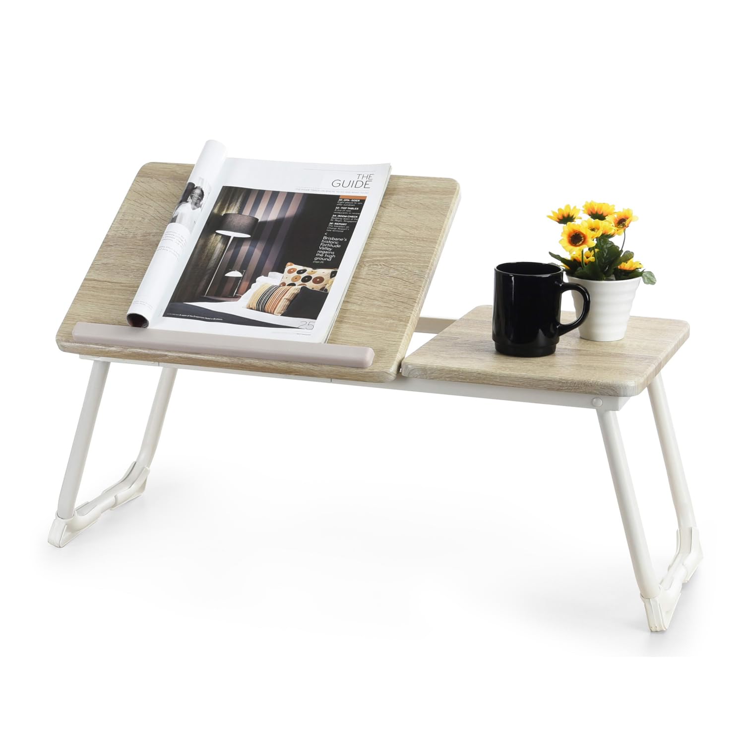 MEUBLE Cosy Laptoptisch Frühstückstablett Höhenverstellbar Betttisch Laptopständer mit klappbaren Beinen für Sofa und Bett, Naturfarben + Weiß, 65x30x27.5cm