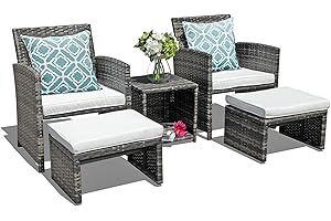 OC Orange-Casual 5 Piece Patio Furniture Set, Wicker Outdoor Conversation Chair and Ottoman Set with Coffee Table, Pillows Included, for Balcony, Porch, Deck, White