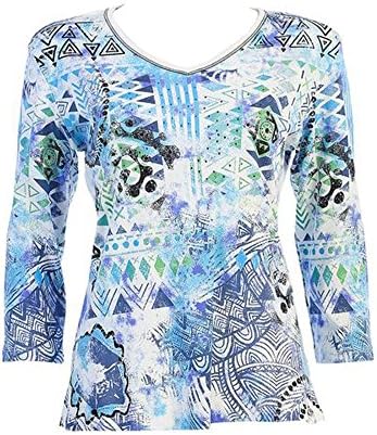Jess N Jane Indigo Tide 100% Cotton Women's Top With Babyrib V-Neckline In White/Blue- 15995 (Medium)