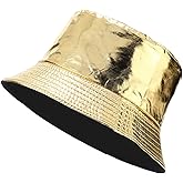 IHAUIUE PU Leather Metallic Bucket Hat Trendy Solid Color Fishing Cap Reversible Packable Sun Hats for Women, Men