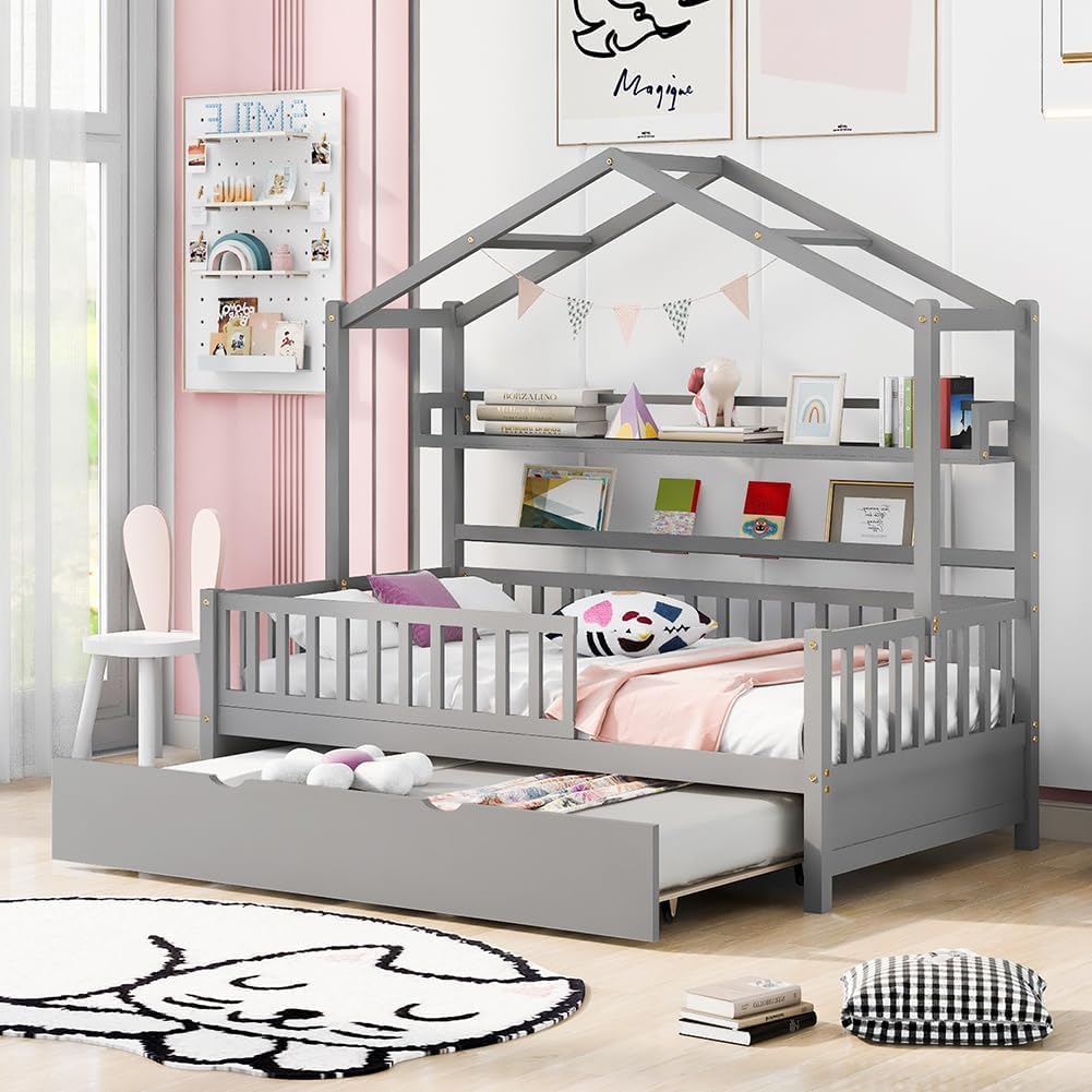 Photo 1 of ****PARTIAL SET***BouPower Full Size Bed with 2 Storage Drawers, Wooden Full Daybed with Rails and Roof, Wood Floor Bed for Teens Girls Boys, No Box Spring Needed, Grey