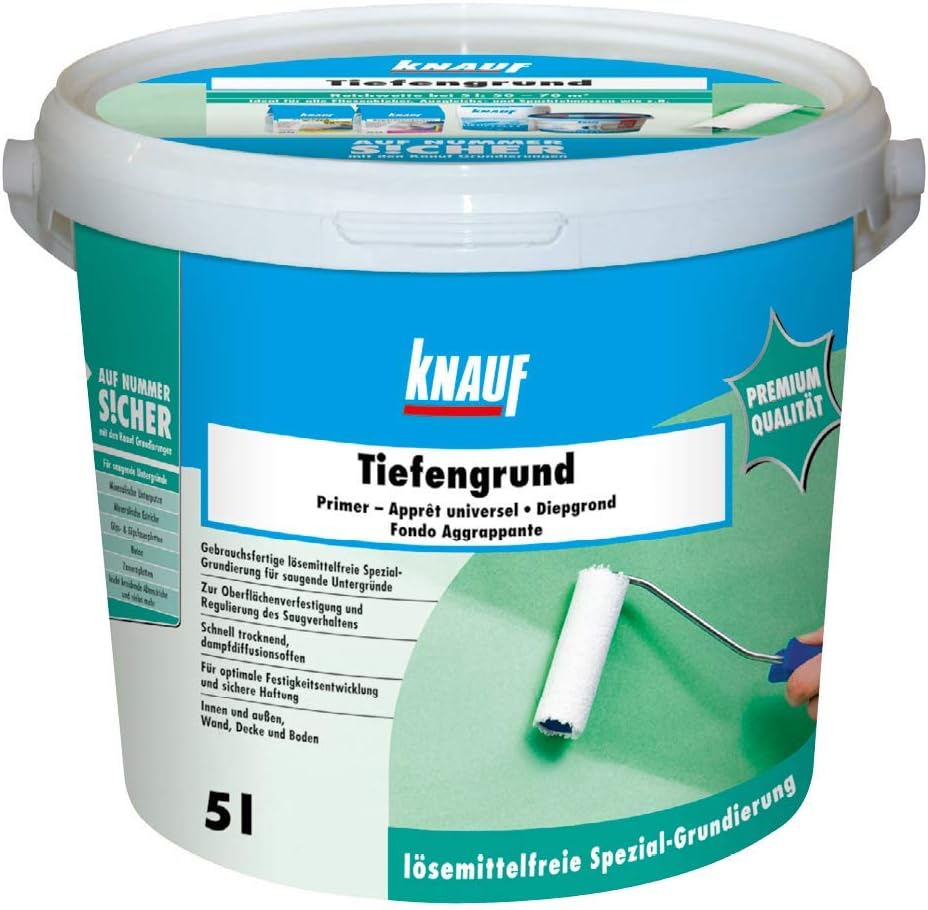 Knauf Tiefengrund Tiefenwirkende Grundierung Fur Saugende Untergrunde Primer Haft Vermittler Zum Auftragen Von Farbe Und Schutz Gebrauchsfertig Losemittelfrei Und Schnell Trocknend 5 L Amazon De Baumarkt
