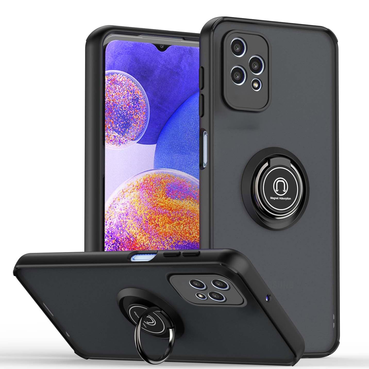 BORYA Shockproof Case for Honor 200 Lite 5G, Premium Translucent Frosted PC+TPU Bumper Silky Ultra Thin Matte Silicone Ring Magnetic Car Kickstand Cover, Black