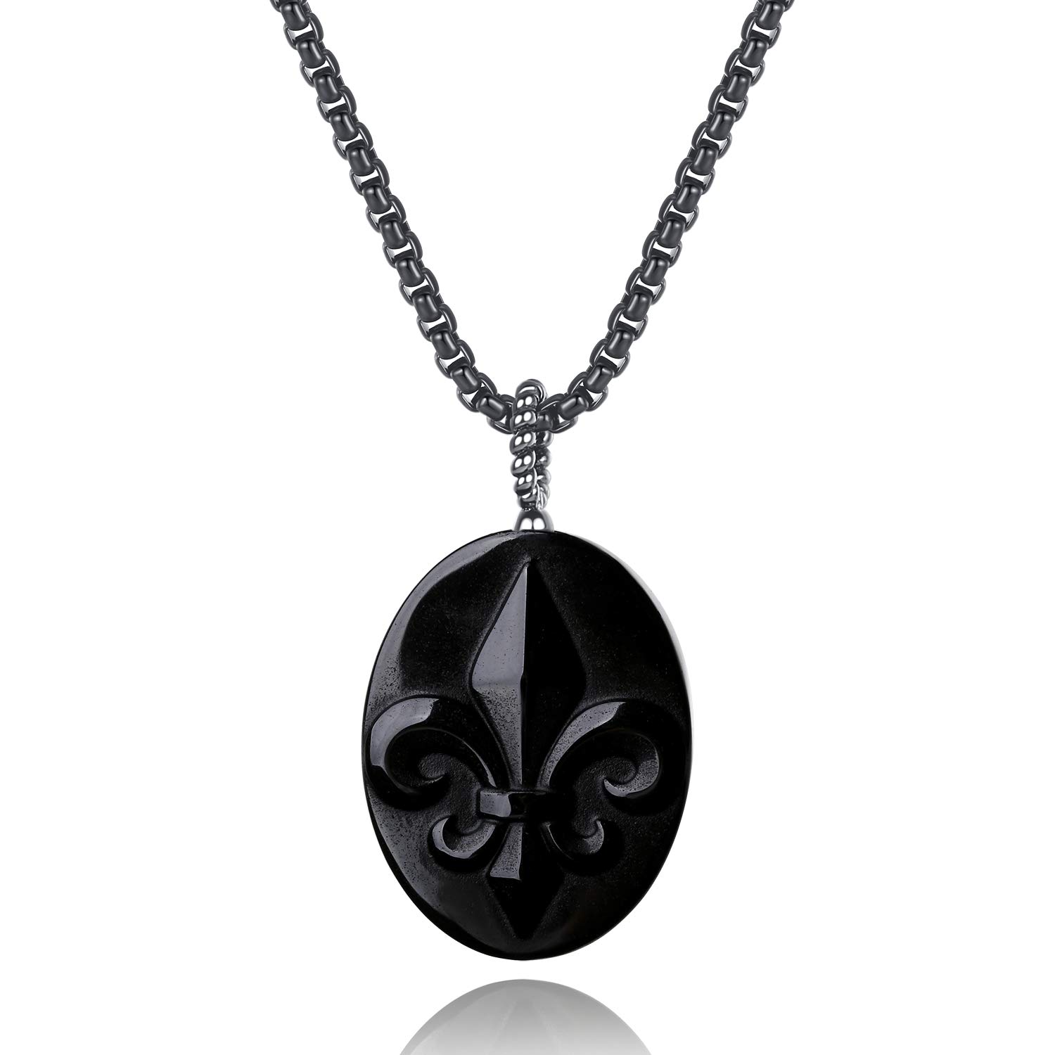 coai Stone Amulet Fleur De Lis Black Obsidian Pendant Necklace 50cm