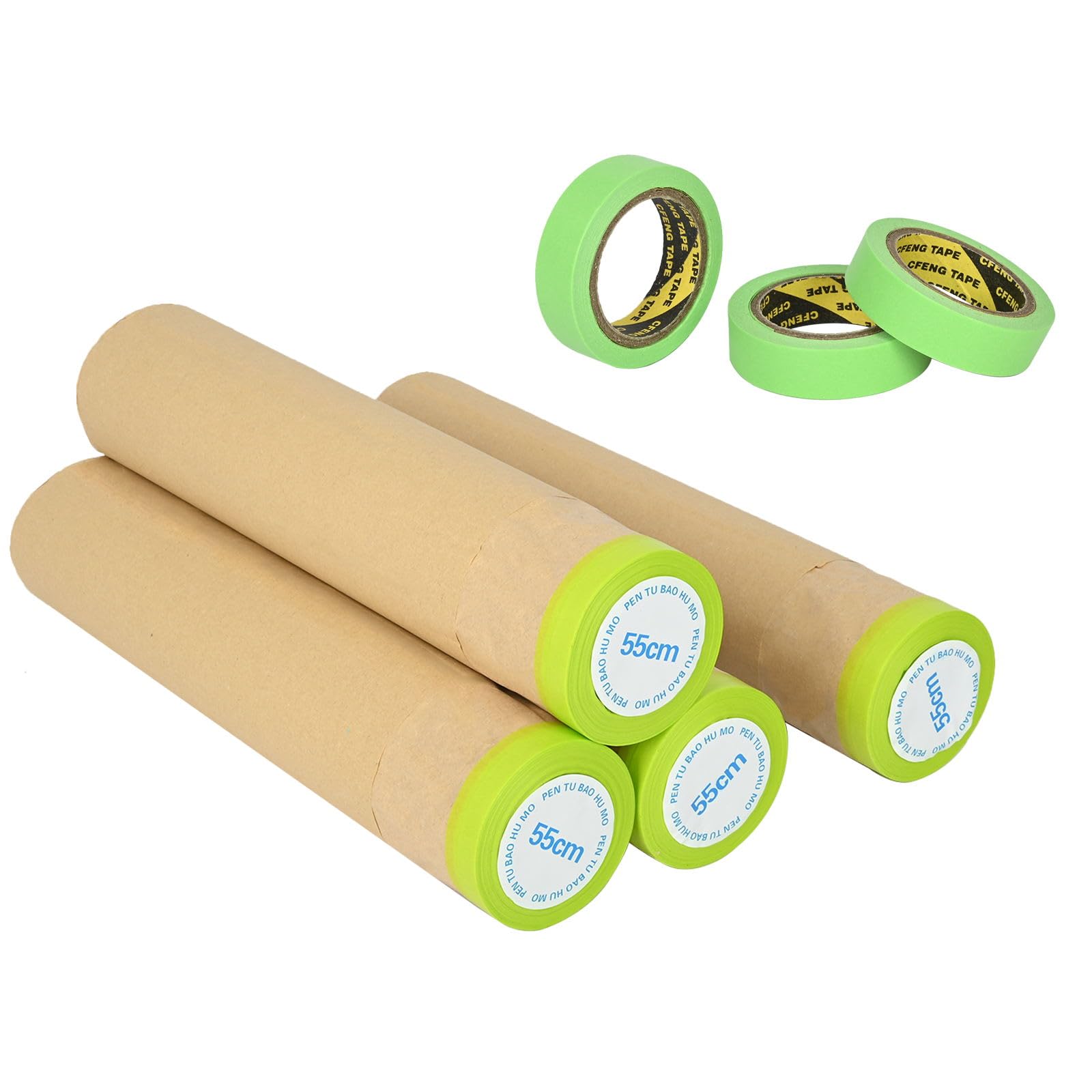 aleawol 4 Rolls Car Masking Paper for Spraying, 55cm*15m/21.65"*50ft Pre-Taped Masking Paper for Painting Dust Sheet Drop for Painting Decorating Covering Furniture Carpet Protection Film