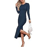 Bamulu Women's Bodycon Maxi Dress Winter Fall Long Sleeve Side Slit Dresses Knit Fitted Tight Basic Party Club Cocktail
