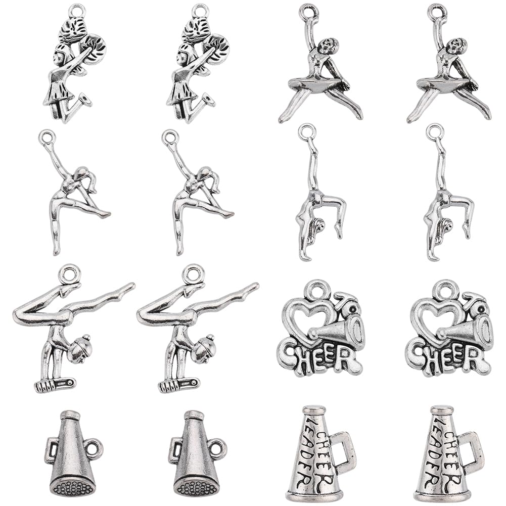 SUNNYCLUE 1 Box 80Pcs 8 Styles Cheer Charms Silver Cheerleader Charm Bulk Alloy Gymnastics Jump Pom Love Heart Cheer Horn Sports Charms for Jewellery Making Charms Earrings Keychain DIY Craft Supplies