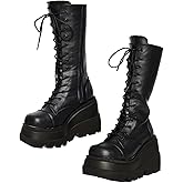 XYKHUI Womens Gothic Punk Platform Boots Chunky Wedge Heel Combat Boots Lace-Up and Zipper Round Toe Mid Calf Motorcycle Boot