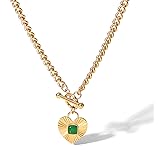 ORIGENCE Green Stone Necklace Heart Pendant 18K Gold Plated Love Heart Necklaces for Women Stainless Steel Cuban Chain Choker Jewelry Gemstone Necklace Trendy Water proof Jewelry