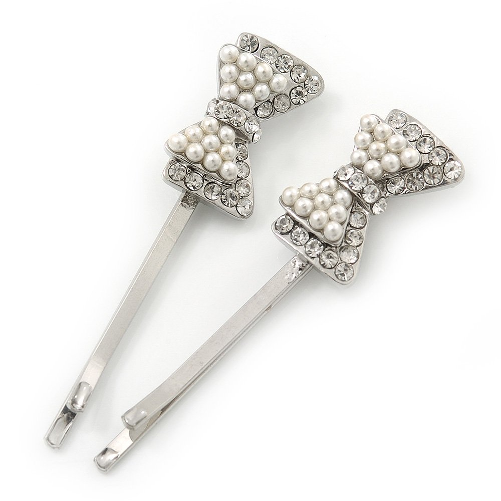 2 Bridal/Prom Simulated Pearl Crystal 'Bow' Hair Grips/Slides In Rhodium Plating - 50mm Across