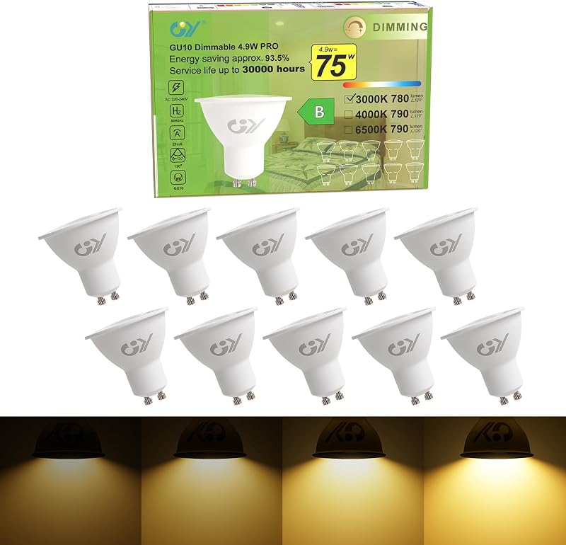 GY Dimmable GU10 LED Bulbs 4.9W 3000K 790LM 120° Wide Beam 10 Pack