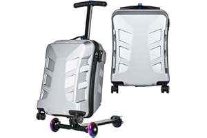 SMILESUN Scooter Suitcase for Kids & Adults，3-D Hardshell Ride On Scooter Luggage with Led Light Up Wheels，TSA Lock，Lightweight Foldable Carry On Rideable Suitcase for Children Teenagers (Silver, 21-inch)