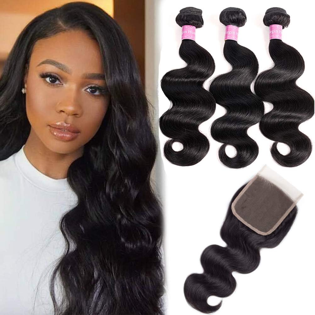 10A Brazilian Body Wave 100% Unprocessed Human Hair 3 Bundles With Closure(12 14 16+12Free part Natural Color) Body Wave Brazilian Human Hair Bundles With Closure