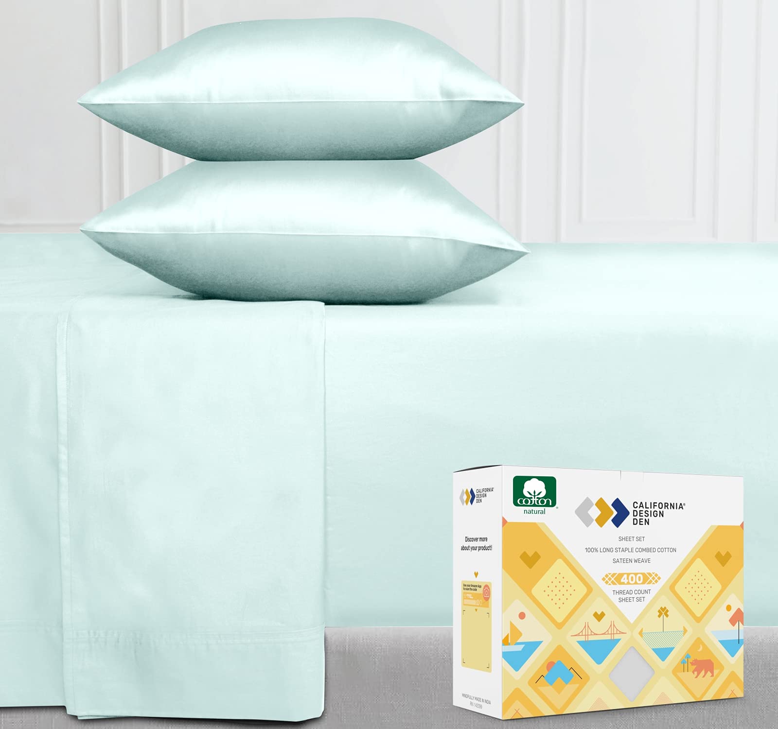 California Design Den 400 Thread Count 100% Cotton Sheet Set, Sea Foam California King Sheets 4 Piece Set, Long-Staple Combed Pure Natural Cotton Bedsheets, Soft & Silky Sateen Weave