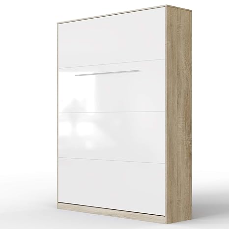SMARTBett Standard 140x200 Vertikal Eiche Sonoma/Weiss Hochglanzfront Schrankbett | ausklappbares Wandbett, ideal geeignet al