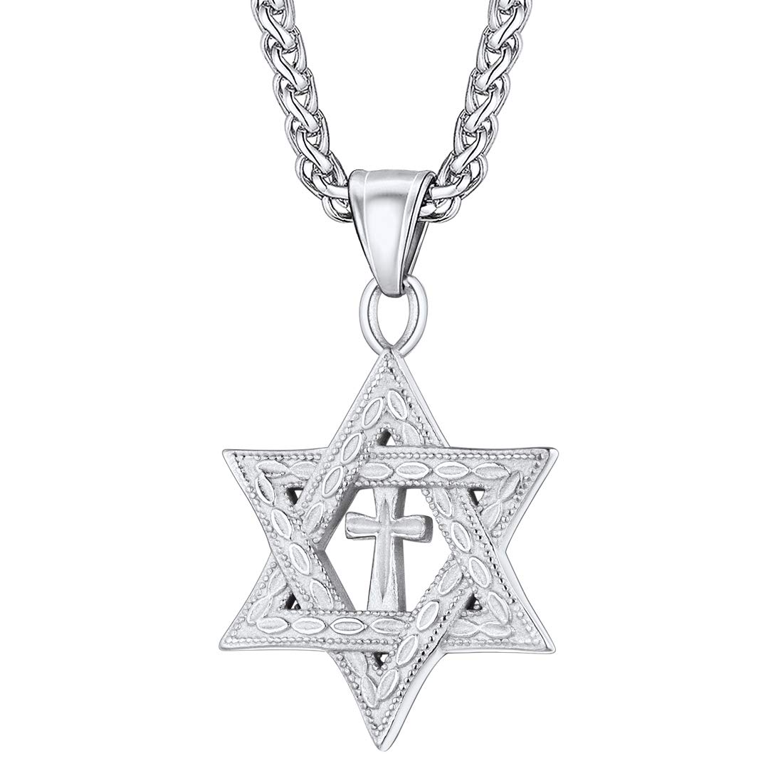 U7 Vintage Pattern Star of David With Cross Pendant Necklace, Present For Girlfriend, Stainless Steel Religious Jewellery For Women Jewish Hexagram Necklace