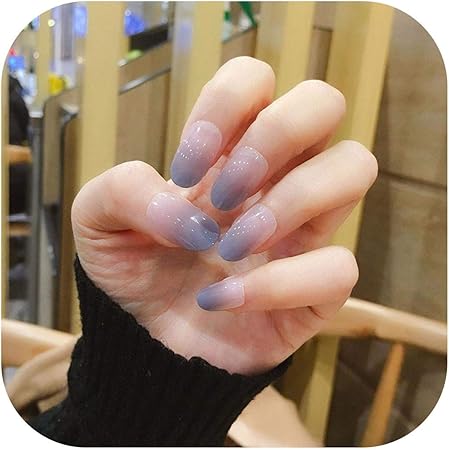 Amazon ショートフルカバーネイル 24ピース女の子夏休みグラデーションブルーフェイクネイル甘いショートスクエアネイル アートのヒントで接着剤女性スムーズフェイクネイルプレスオンスタイル10 Fostudork ビューティー 通販