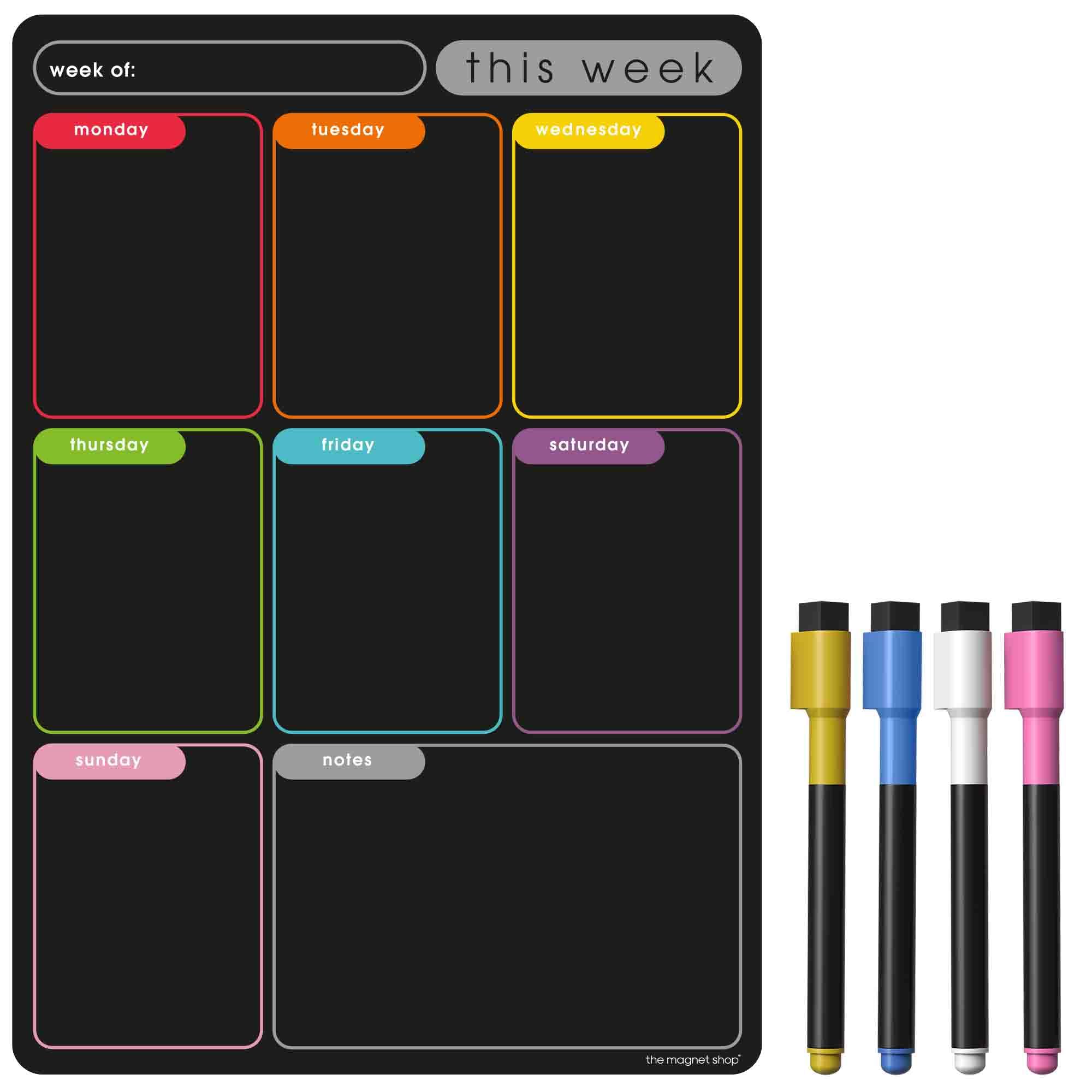 TMS A3 / A4 Multi-Coloured Magnetic Weekly Planner/Memo Board/Calendar – Whiteboard, Shopping List and Meal Planner - with 4 Magnetic Dry Wipe Pens and Eraser (Colour Memo Chalkboard, A3)