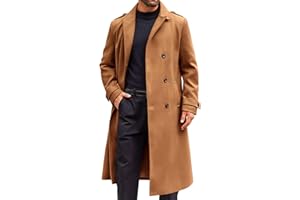 Runcati Mens Double Breasted Trench Coat Notched Lapel Long Peacoat Classic Casual Winter Overcoat
