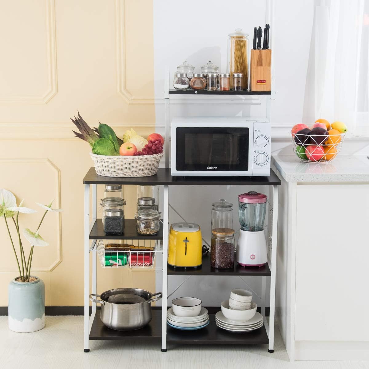Mr IRONSTONE Kitchen Baker's Rack Utility Storage Shelf 35.5" Microwave Stand 3-Tier+4-Tier Shelf for Spice Rack Organizer Workstation(Dark Brown) - Standing Baker's Racks