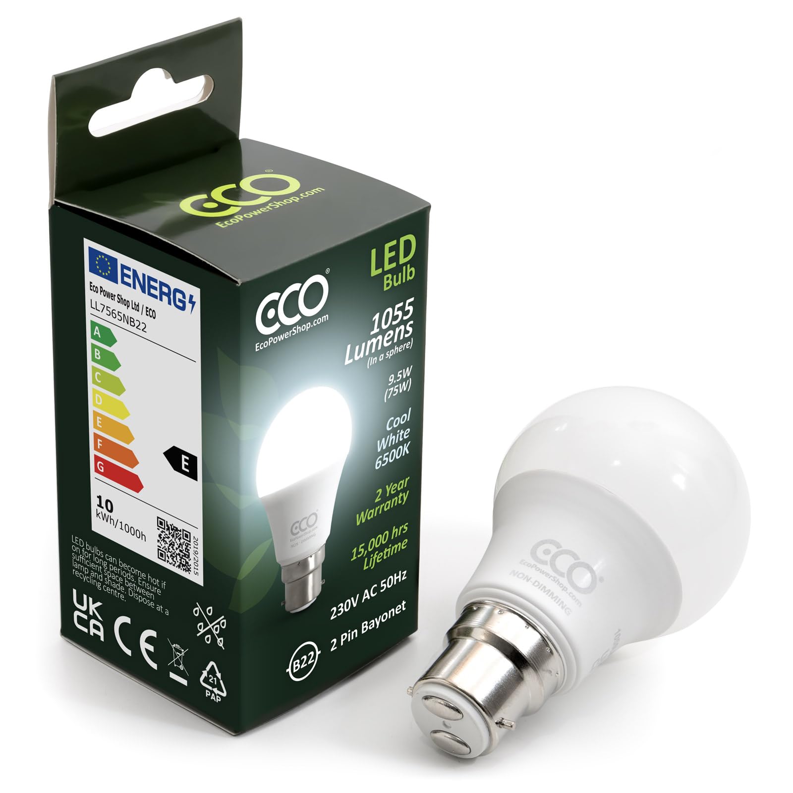 ECO 75W Equivalent B22 Bayonet Energy Saving LED Light Bulb, Low Energy 9.5W LED, 1055 Lumens, Cool White 6500K, Non-Dimmable, 15,000Hrs Lifetime.
