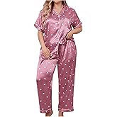 OYOANGLE Women's 2 Piece Plus Size Heart Printed Silk Satin Pajama Set Short Sleeve Shirt and Pants Lounge Sets