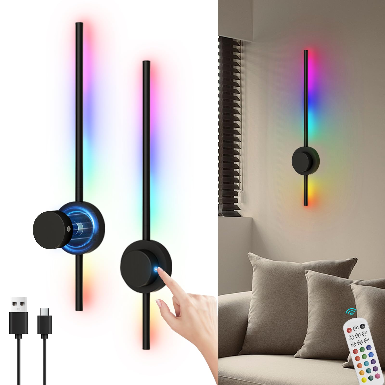 Photo 1 of AHAWILL Battery Operated Wall Sconces Set of Two with Remote, Dimmable,Rechargeable 15 Colors Wireless Wall Lamp,360°Rotate Wall Lights for Bedroom 27.8inch (A Pair of Batteries)