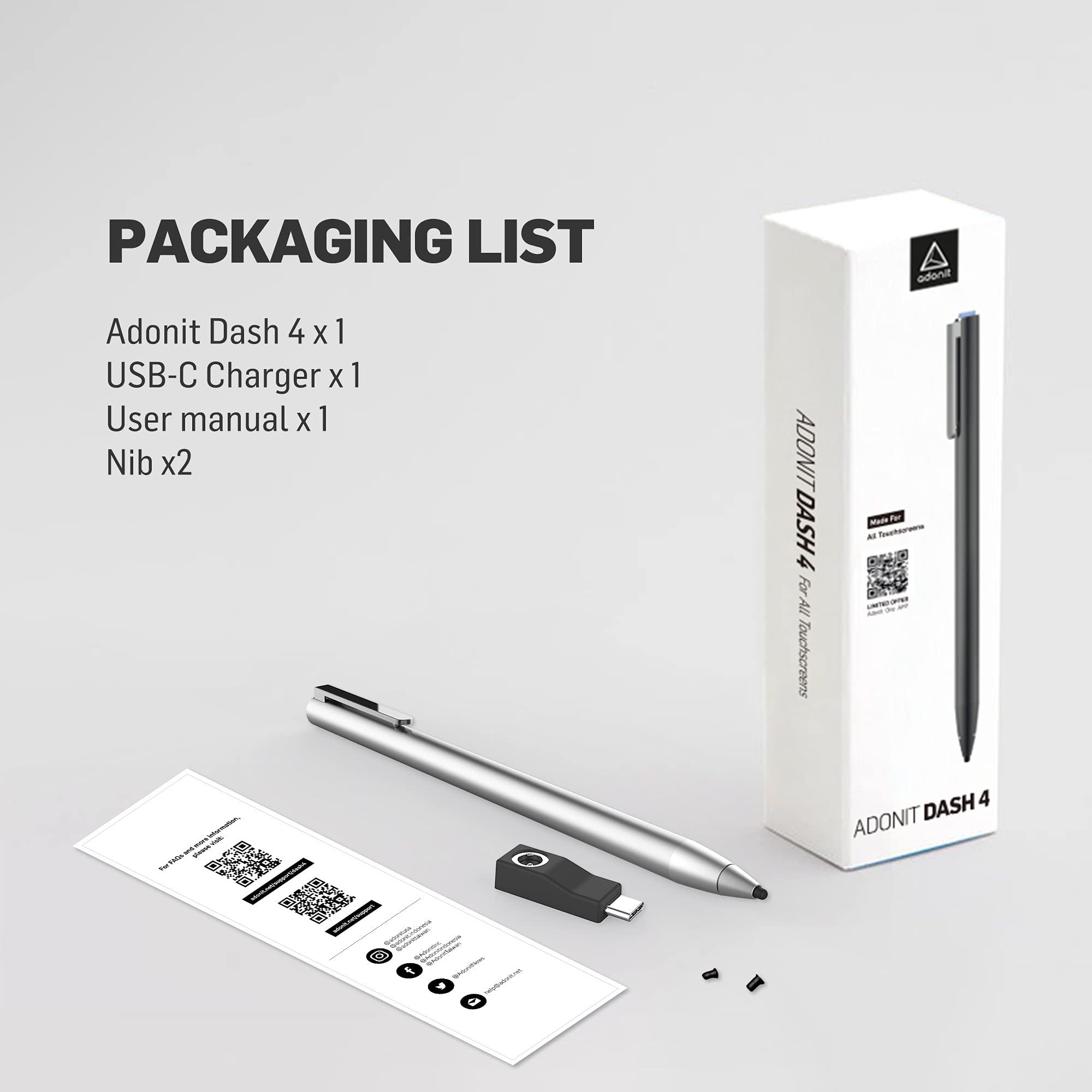 Adonit Dash 4, Multi-Device Stylus for iPad and Touchscreen, Duo Mode Active Digital Pencil with Palm Rejection, Compatible with iPad, iPhone, Android, and More- Graphite Black
