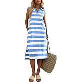 Mieazom Women's Striped Summer Dress Casual Lapel Collared V Neck Sleeveless Side Slit Midi Dresses Loose Fit with Pockets
