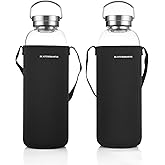 DE.KITCHEN&HIFUN Glasss Water Bottle 64oz, Large Borosilicate Glass 2L for Juice, Glass Water Bottle with Steel Cap Filter